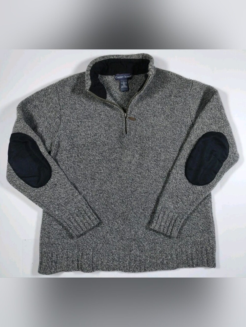Vintage Garret Scott Heathered Gray 100% Wool Quarter Zip Size XL Elbow Pads